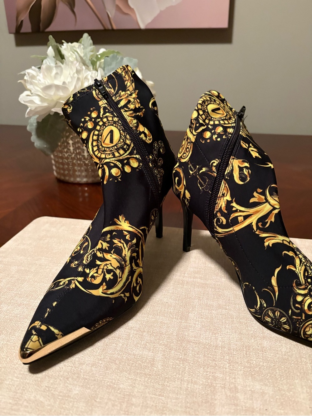 Versace Jeans Collection Black and Gold Baroque Pointed Ankle Boots